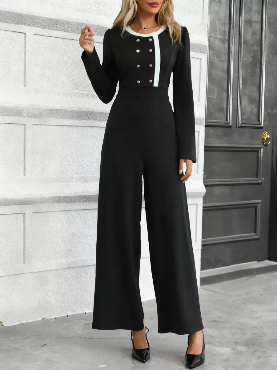 Button-Decor Long Sleeve Wide Leg Jumpsuit-Nordavory