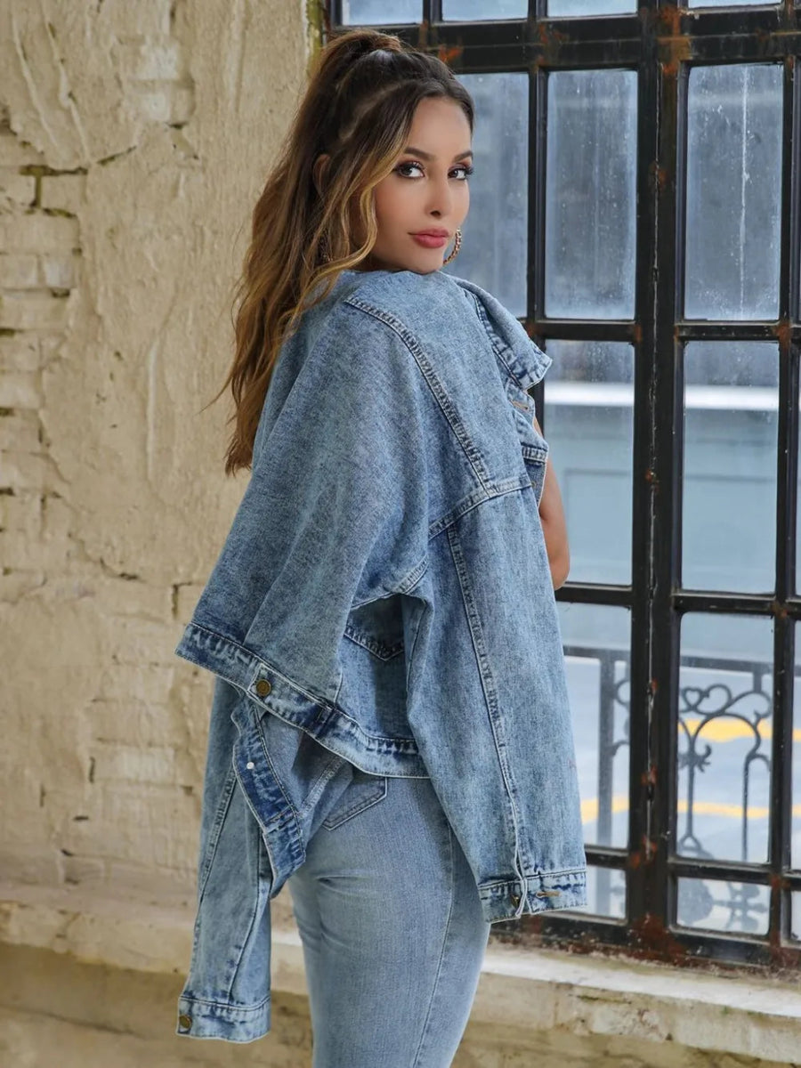 Button Down Drop Shoulder Denim Jacket-Nordavory