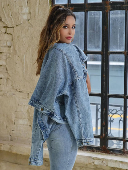 Button Down Drop Shoulder Denim Jacket-Nordavory