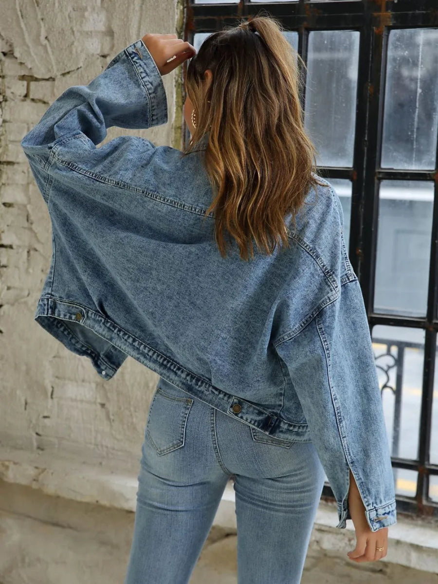 Button Down Drop Shoulder Denim Jacket-Nordavory