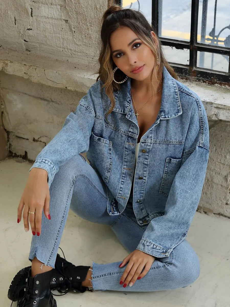 Button Down Drop Shoulder Denim Jacket-Nordavory