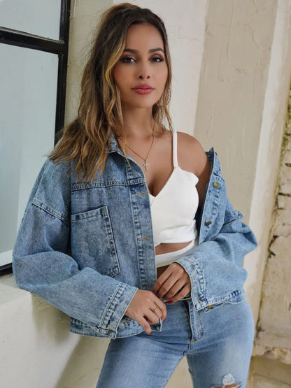 Button Down Drop Shoulder Denim Jacket-Nordavory