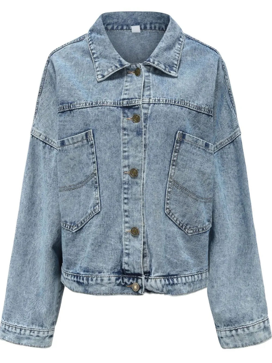 Button Down Drop Shoulder Denim Jacket-Nordavory