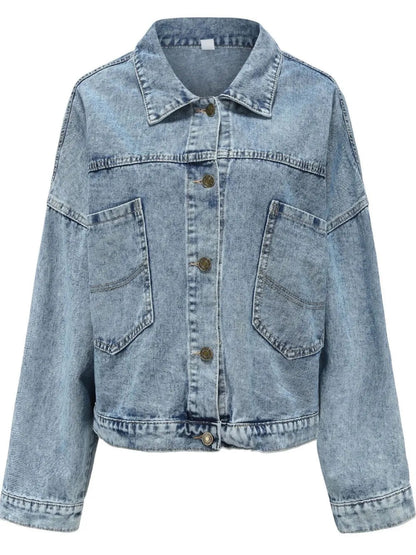 Button Down Drop Shoulder Denim Jacket-Nordavory