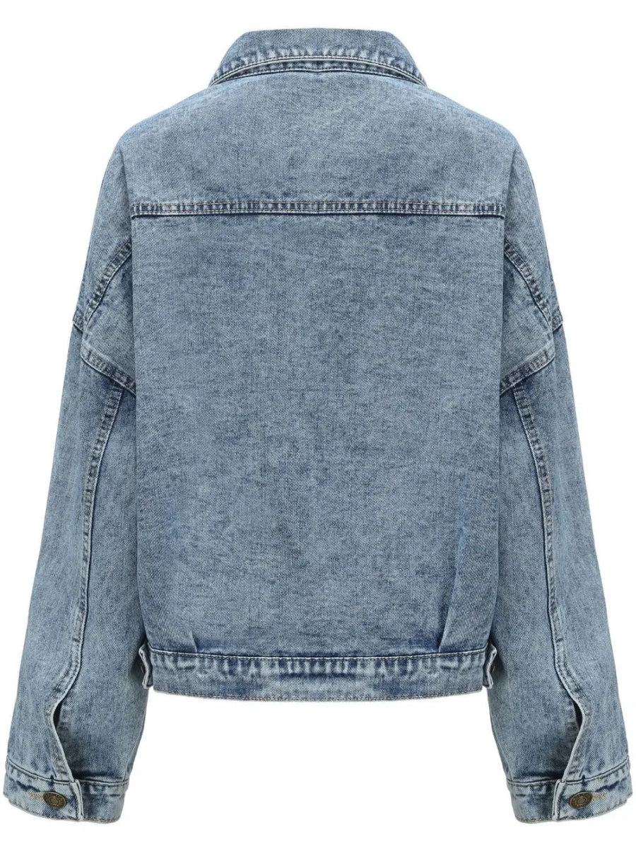 Button Down Drop Shoulder Denim Jacket-Nordavory