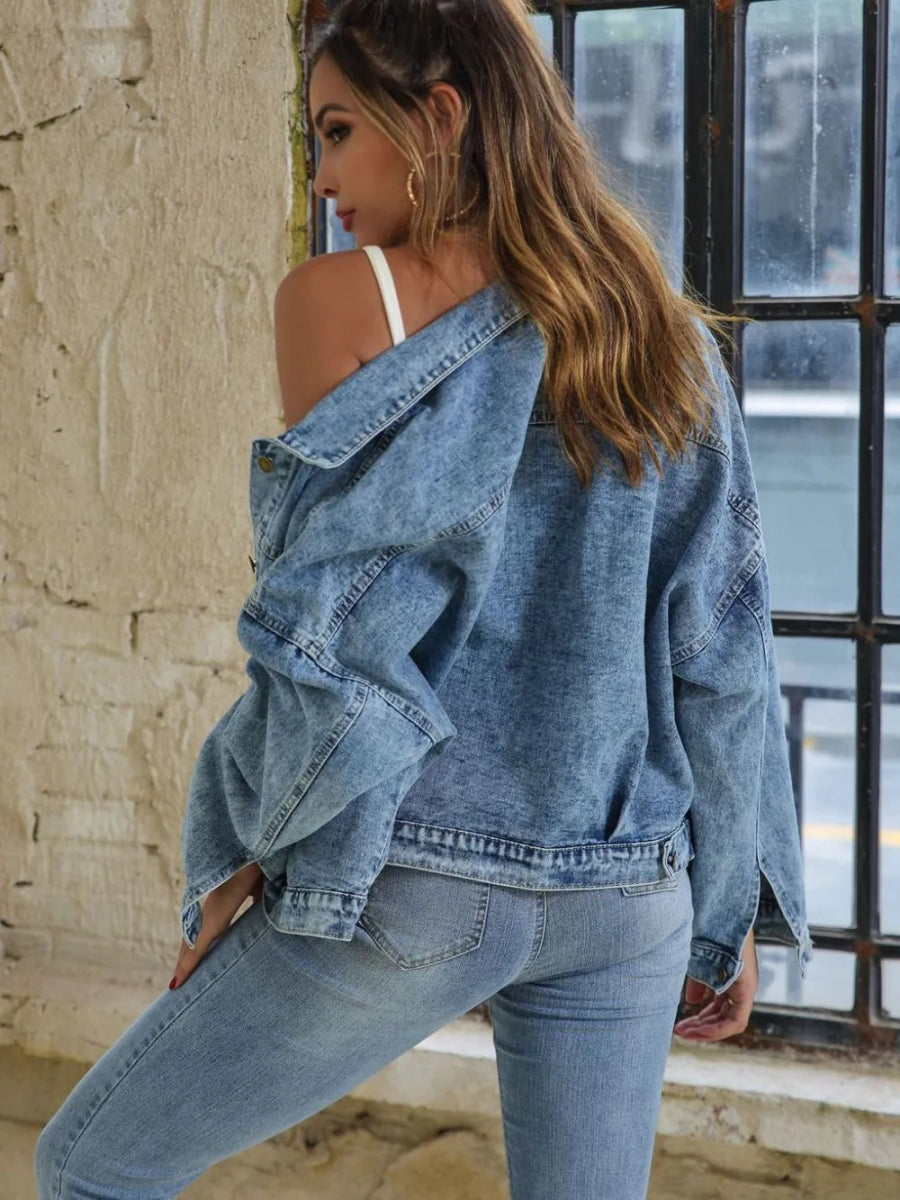 Button Down Drop Shoulder Denim Jacket-Nordavory