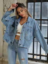 Button Down Drop Shoulder Denim Jacket - Nordavory