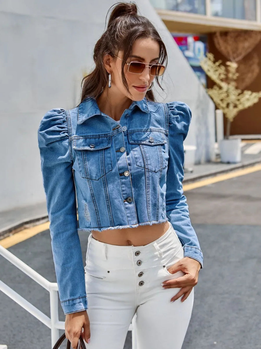 Button Down Raw Hem Cropped Denim Jacket-Nordavory