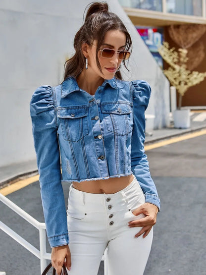 Button Down Raw Hem Cropped Denim Jacket-Nordavory