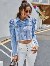 Button Down Raw Hem Cropped Denim Jacket - Nordavory