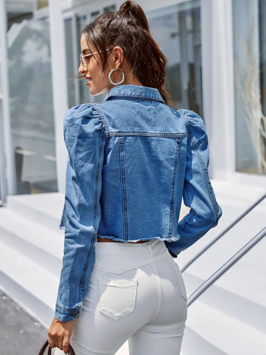 Button Down Raw Hem Cropped Denim Jacket-Nordavory