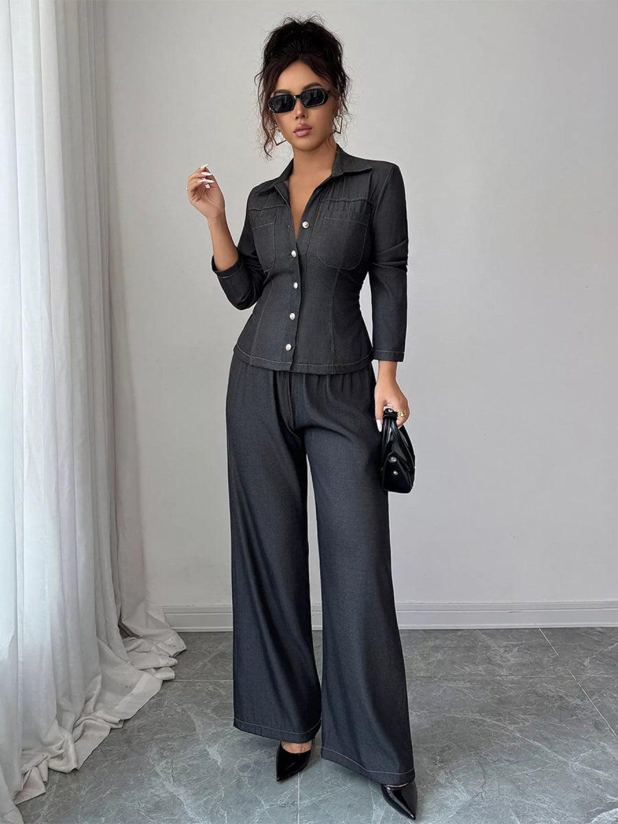 Button-Up Shirt & Wide Leg Pants Set-Nordavory