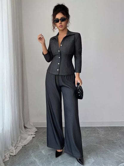 Button-Up Shirt & Wide Leg Pants Set-Nordavory