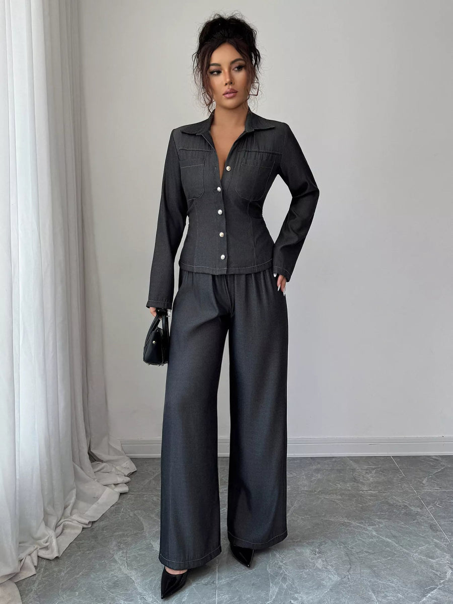 Button-Up Shirt & Wide Leg Pants Set-Nordavory