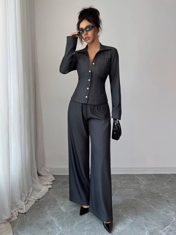 Button-Up Shirt & Wide Leg Pants Set-Nordavory