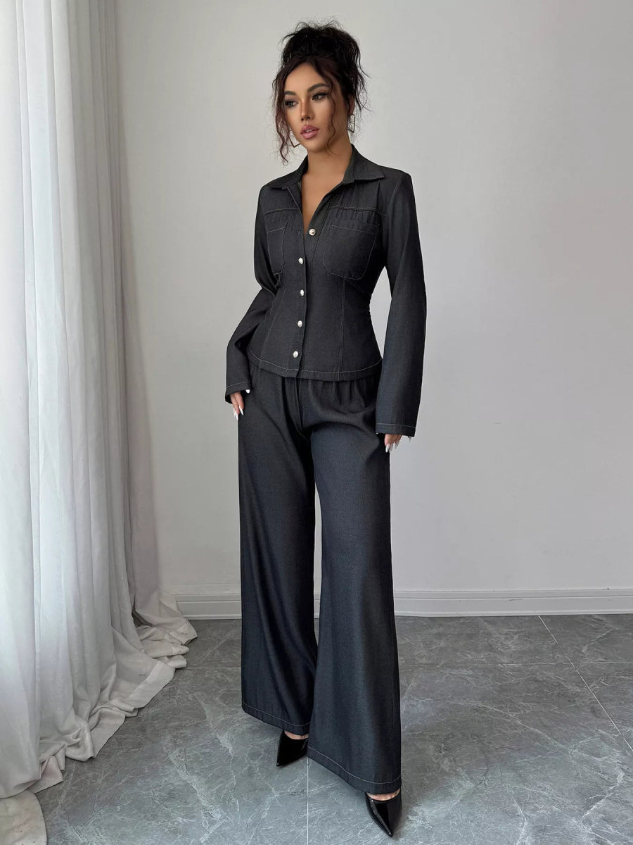 Button-Up Shirt & Wide Leg Pants Set-Nordavory