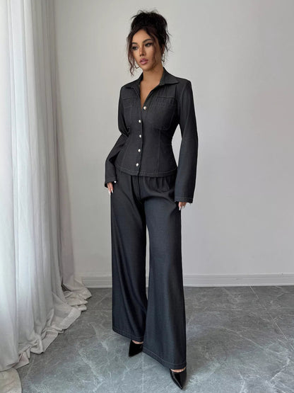 Button-Up Shirt & Wide Leg Pants Set-Nordavory