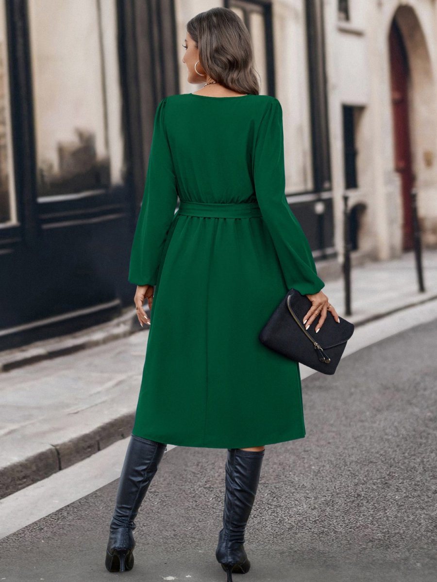 Buttoned Tie Front Long Sleeve Asymmetrical Neck Dress-Nordavory