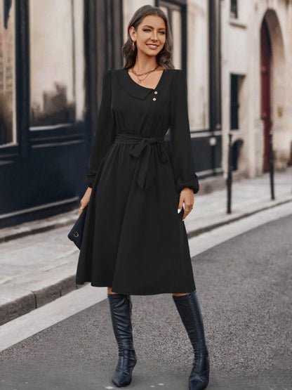 Buttoned Tie Front Long Sleeve Asymmetrical Neck Dress-Nordavory