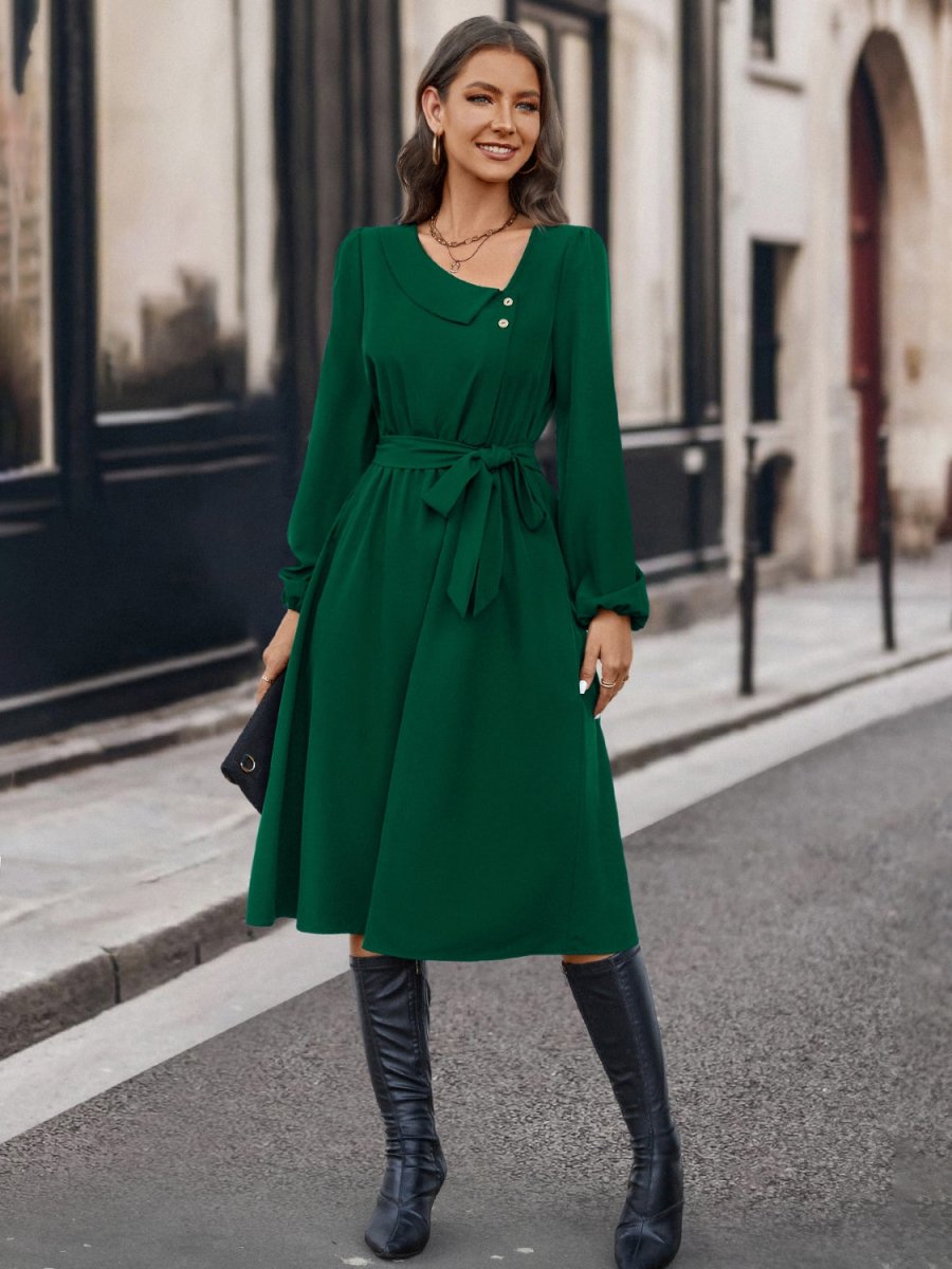Buttoned Tie Front Long Sleeve Asymmetrical Neck Dress-Nordavory