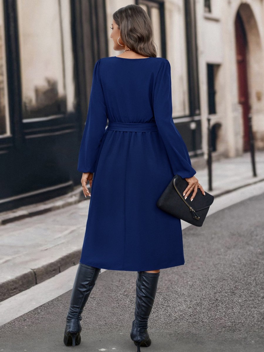 Buttoned Tie Front Long Sleeve Asymmetrical Neck Dress-Nordavory