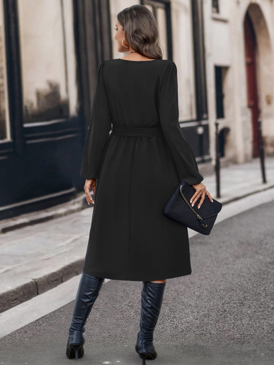 Buttoned Tie Front Long Sleeve Asymmetrical Neck Dress-Nordavory