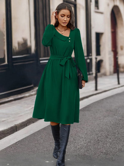 Buttoned Tie Front Long Sleeve Asymmetrical Neck Dress-Nordavory