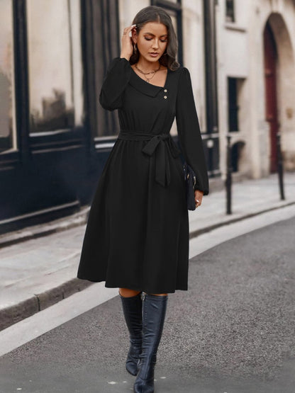 Buttoned Tie Front Long Sleeve Asymmetrical Neck Dress-Nordavory