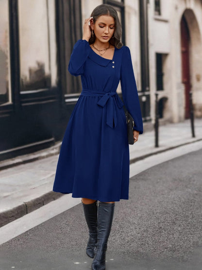 Buttoned Tie Front Long Sleeve Asymmetrical Neck Dress-Nordavory