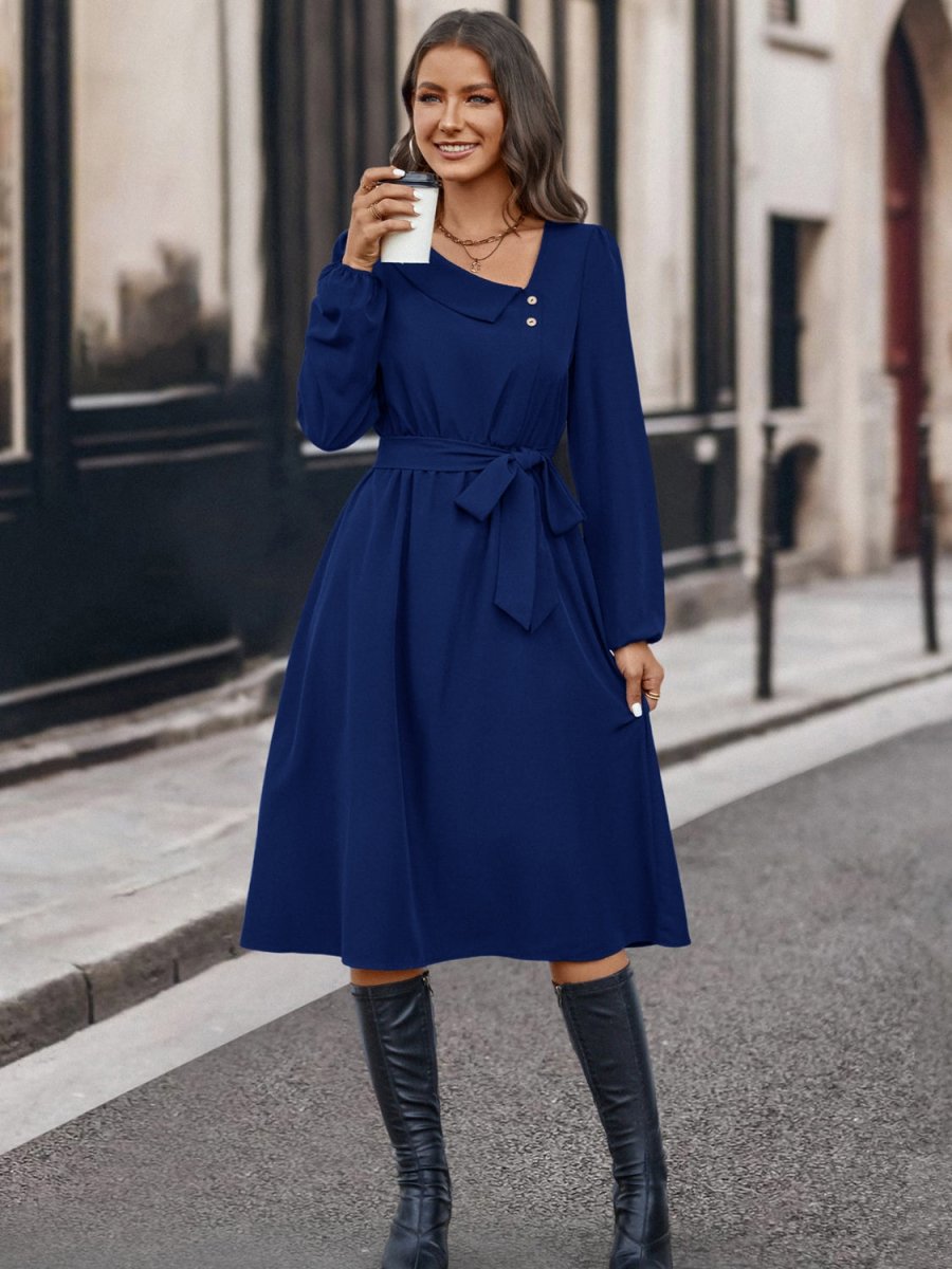 Buttoned Tie Front Long Sleeve Asymmetrical Neck Dress-Nordavory