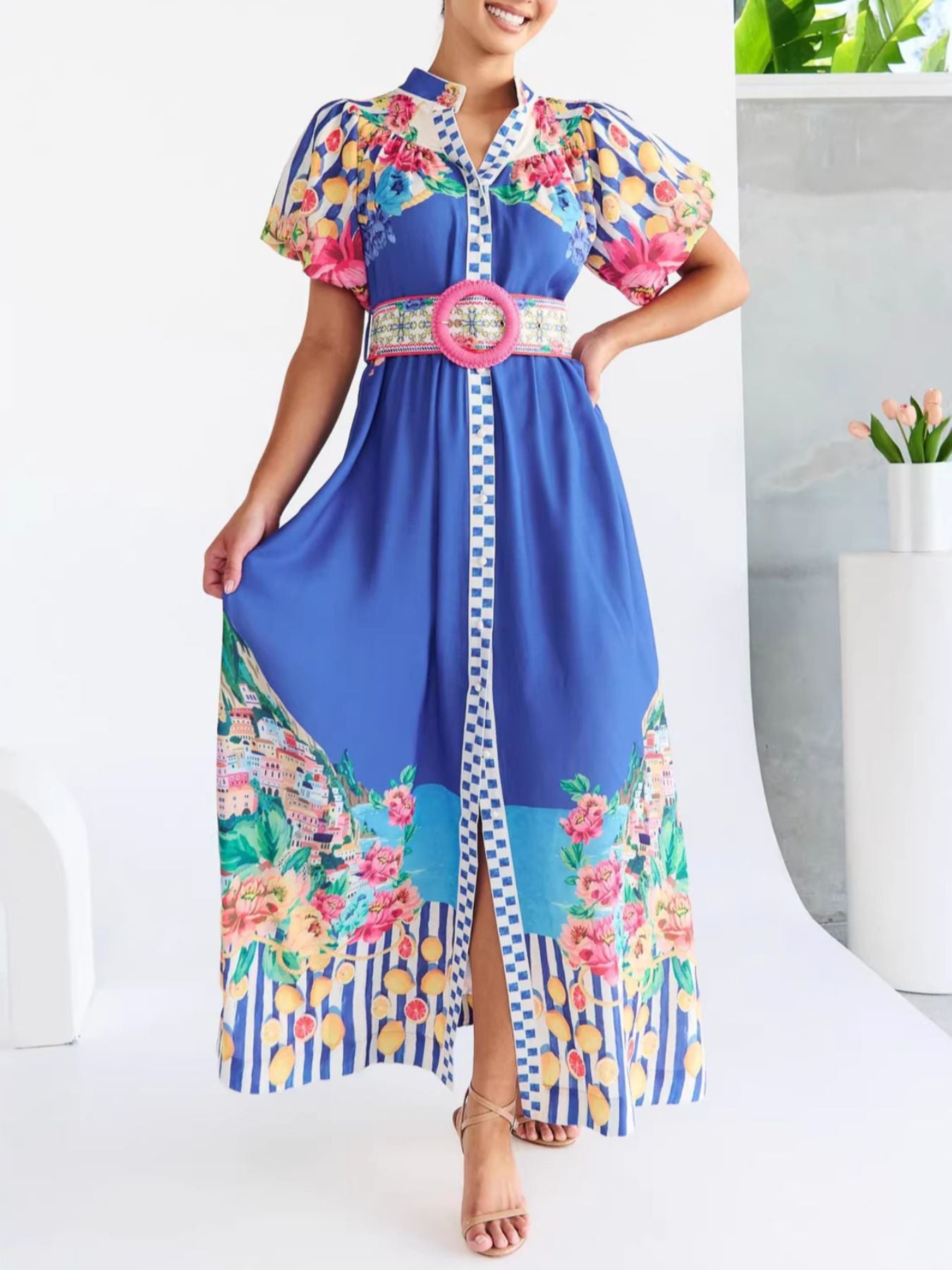 Printed Button Front Puff Sleeve Maxi Dress-Nordavory