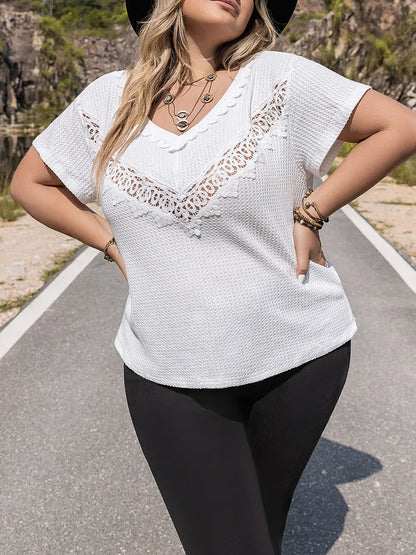 Plus Size Lace Detail V-Neck Short Sleeve Blouse-Nordavory