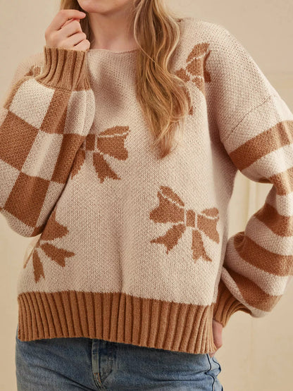 Ribbon Bow Checkered Striped Sleeve Drop Shoulder Sweater-Nordavory