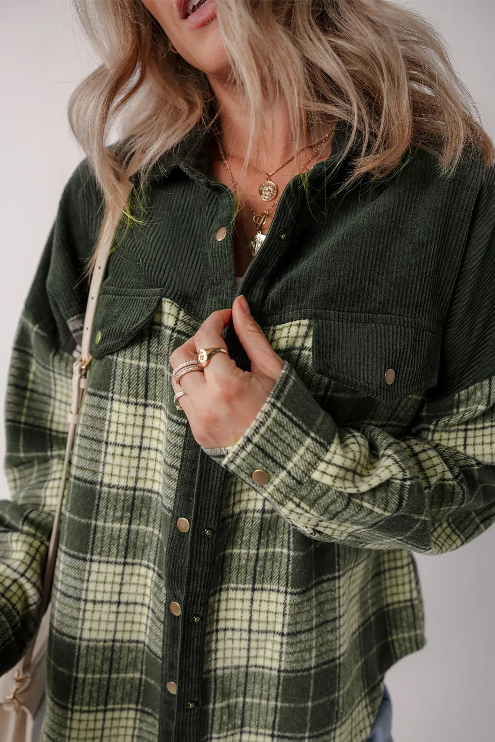 Snap Down Collared Neck Plaid Shacket-Nordavory