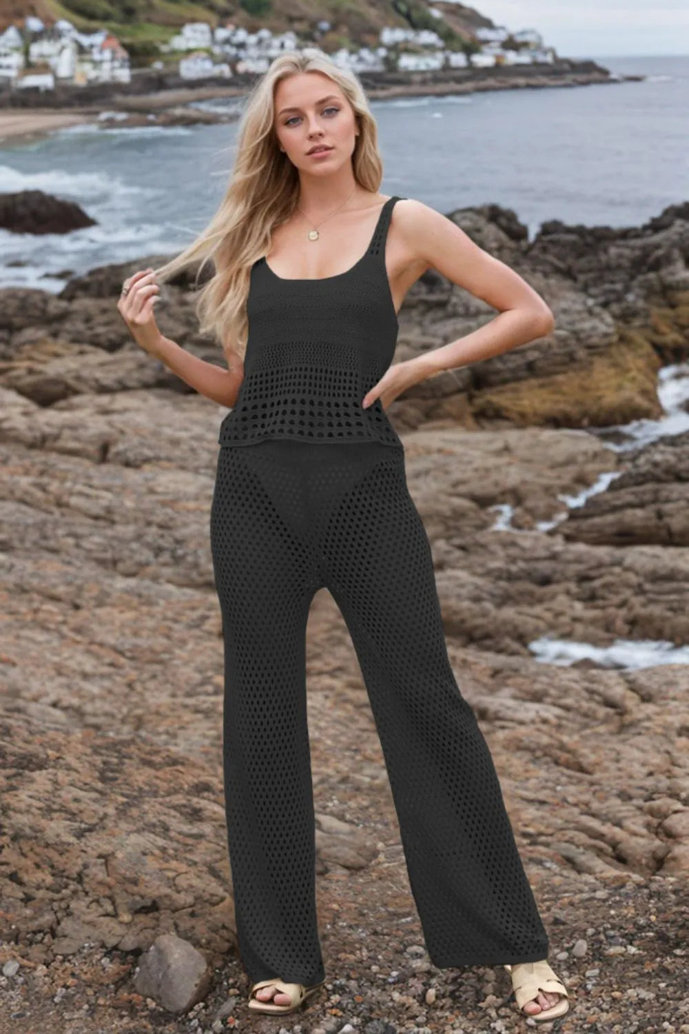 Hollow Out Round Neck Top and Pants Sweater Cover Up Set-Nordavory