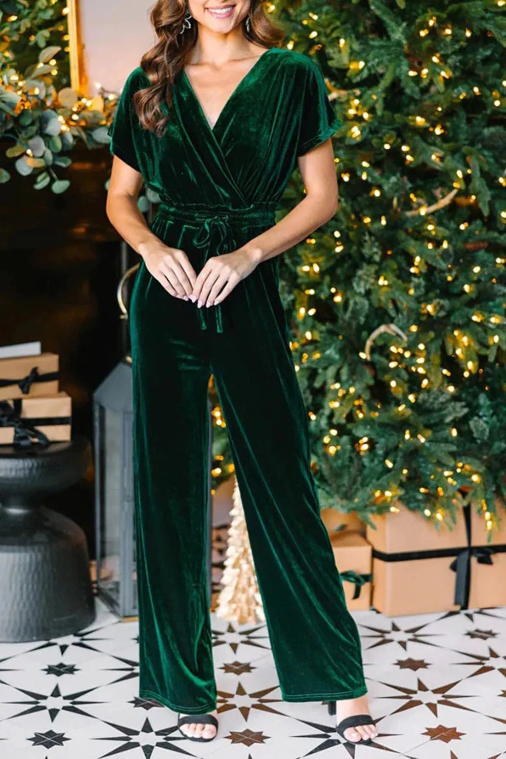Drawstring Surplice Short Sleeve Jumpsuit-Nordavory