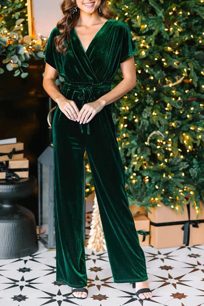 Drawstring Surplice Short Sleeve Jumpsuit-Nordavory