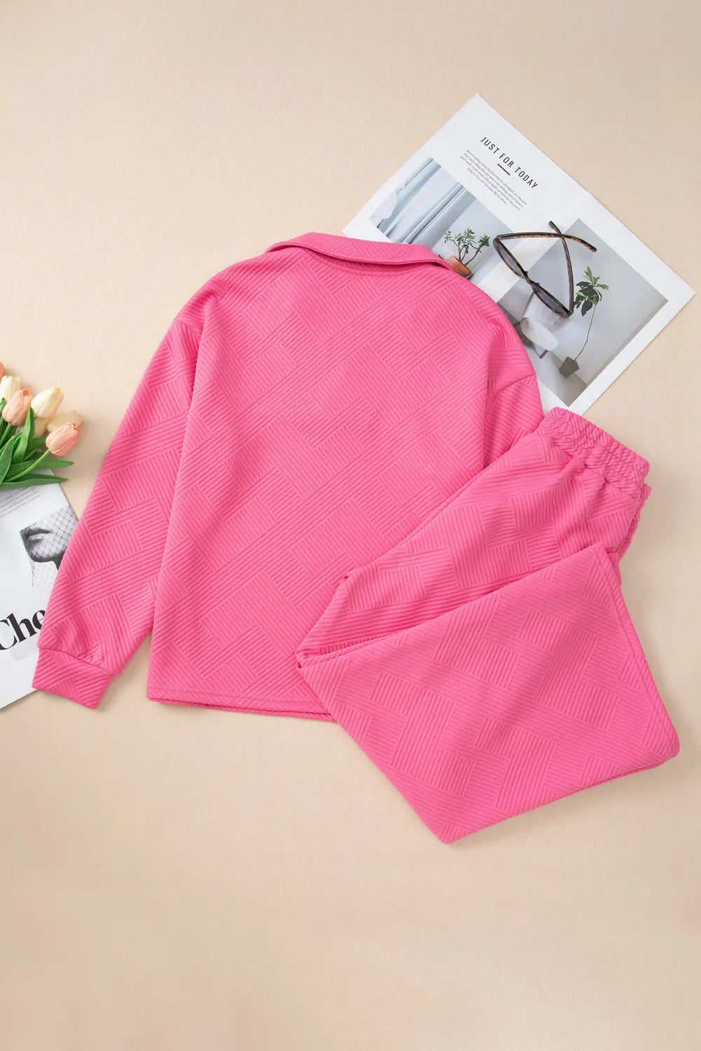 Textured Long Sleeve Top and Drawstring Pants Set-Nordavory