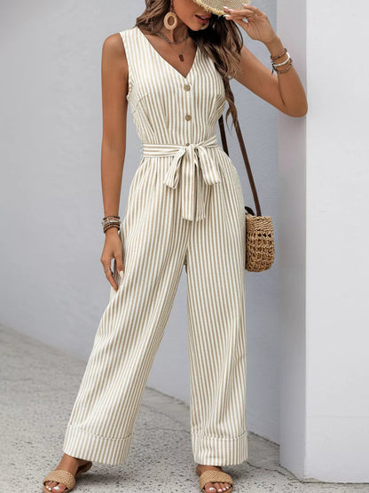 Striped Button-Front Wide Leg Jumpsuit-Nordavory
