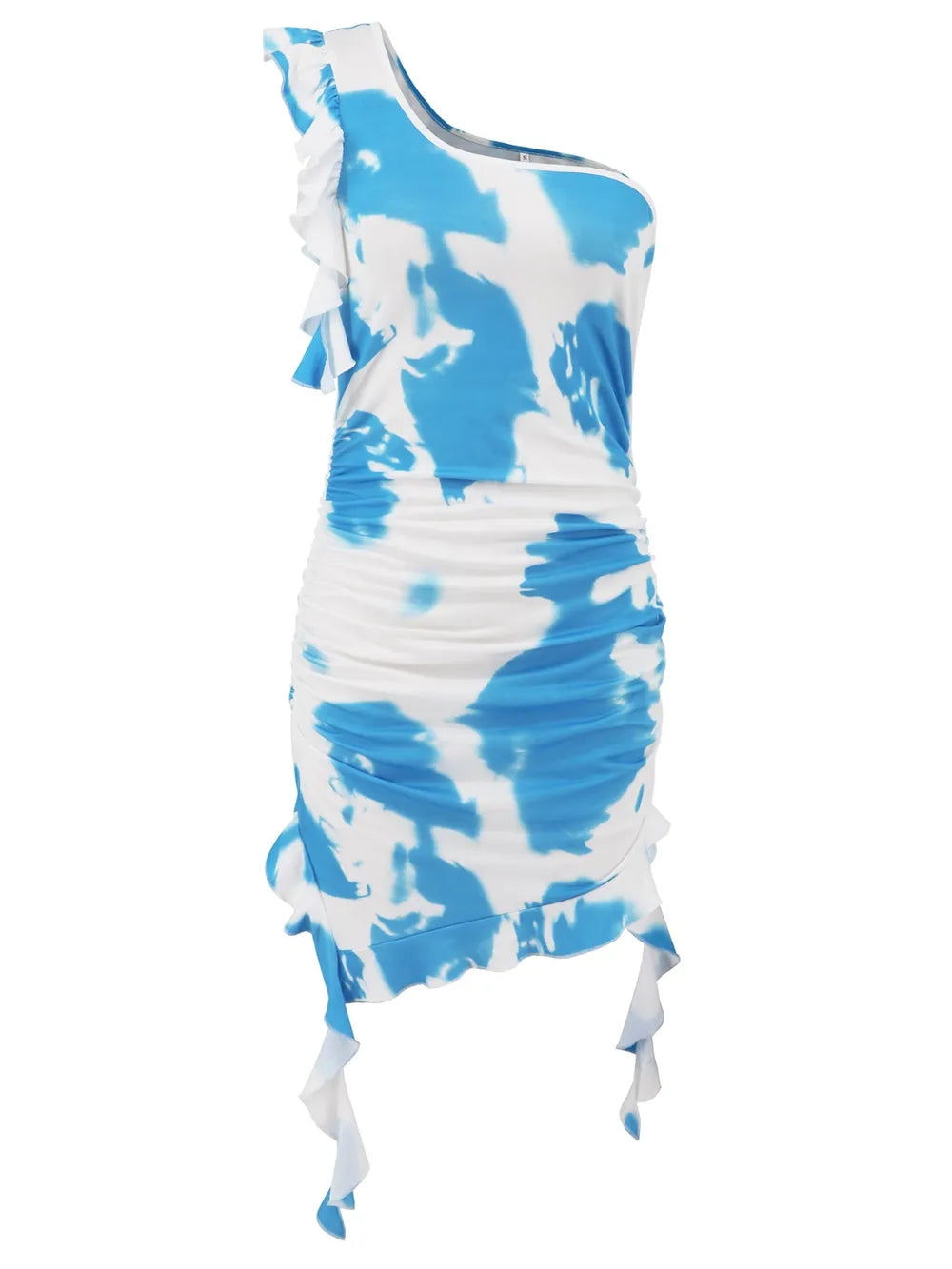 Ruffled Tie-Dye Single Shoulder Mini Dress-Nordavory