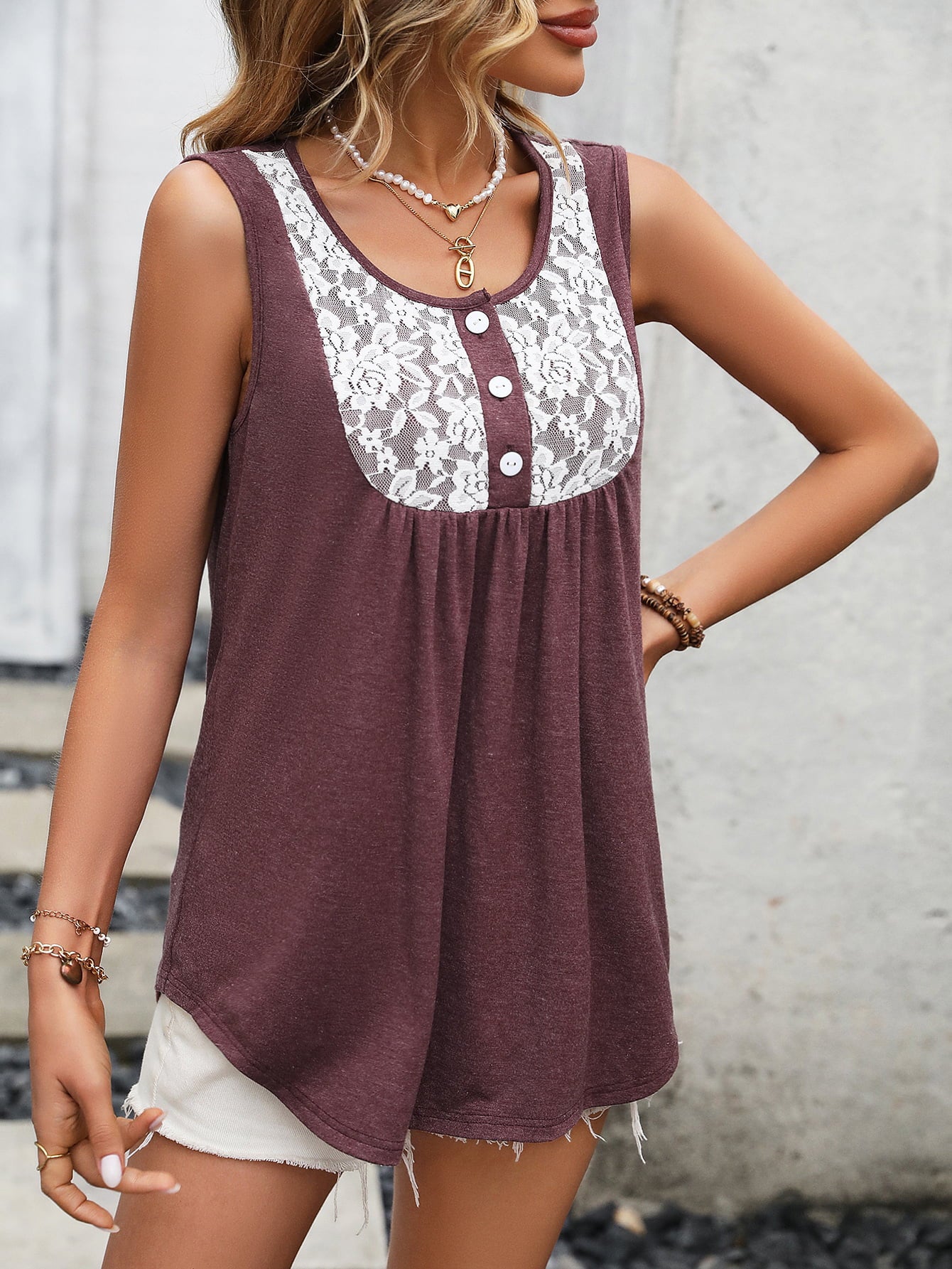 Ivy Lane Lace Contrast Scoop Neck Tank-Nordavory