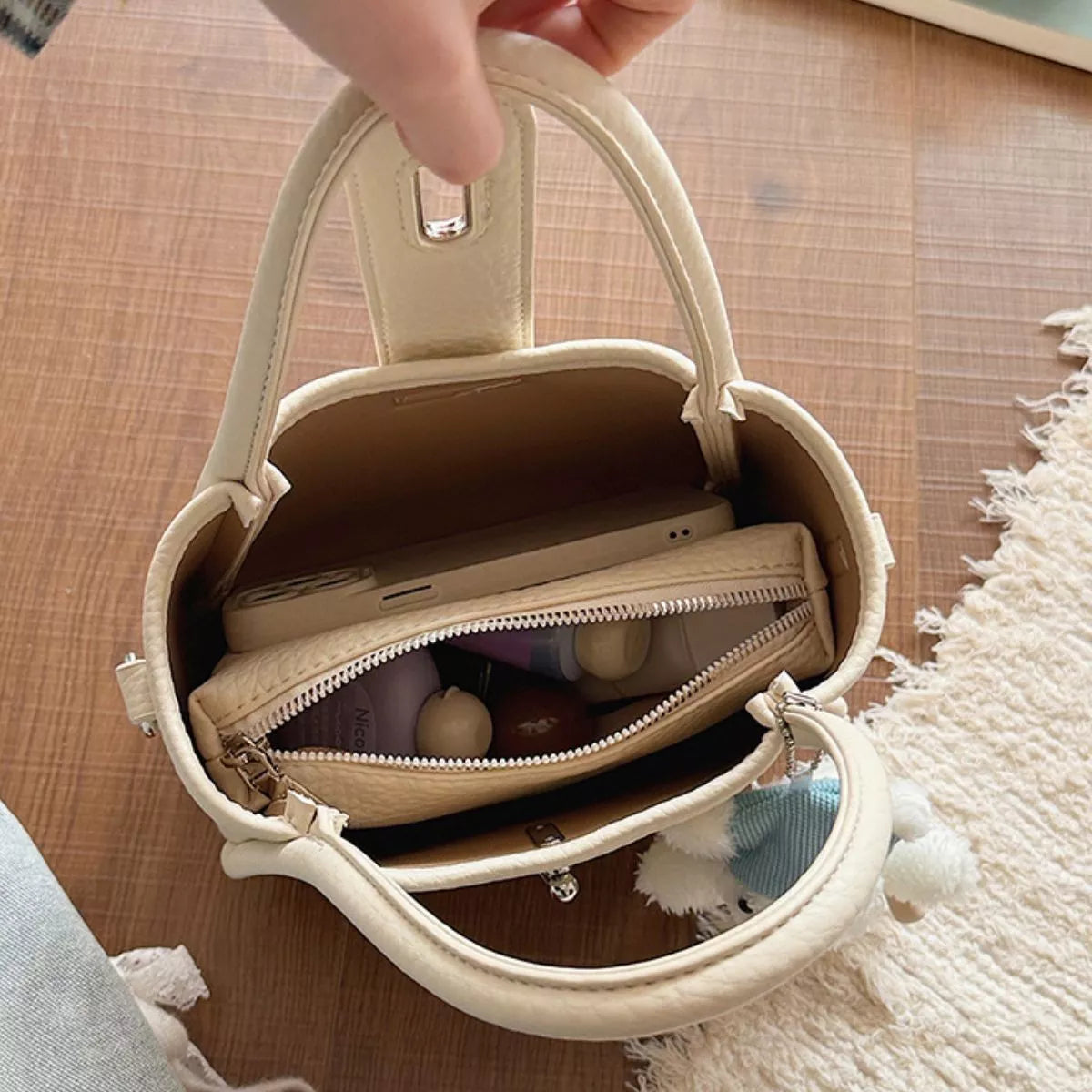 Textured Bucket Handbag – Mini PU Leather – image 7