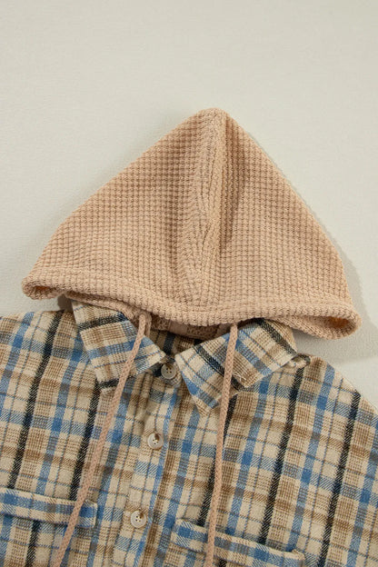 Drawstring Waffle Knit Patchwork Hooded Plaid Shacket-Nordavory