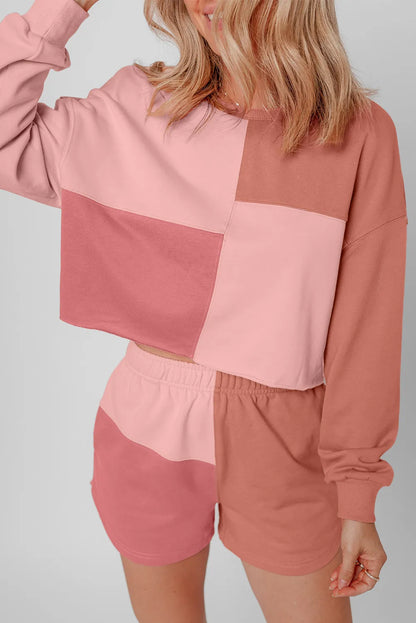 Color Block Round Neck Top and Shorts Set-Nordavory