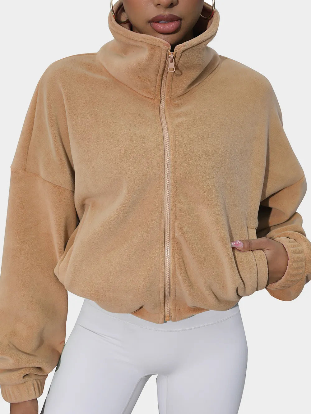 Drawstring Turtleneck Zip Up Long Sleeve Jacket-Nordavory
