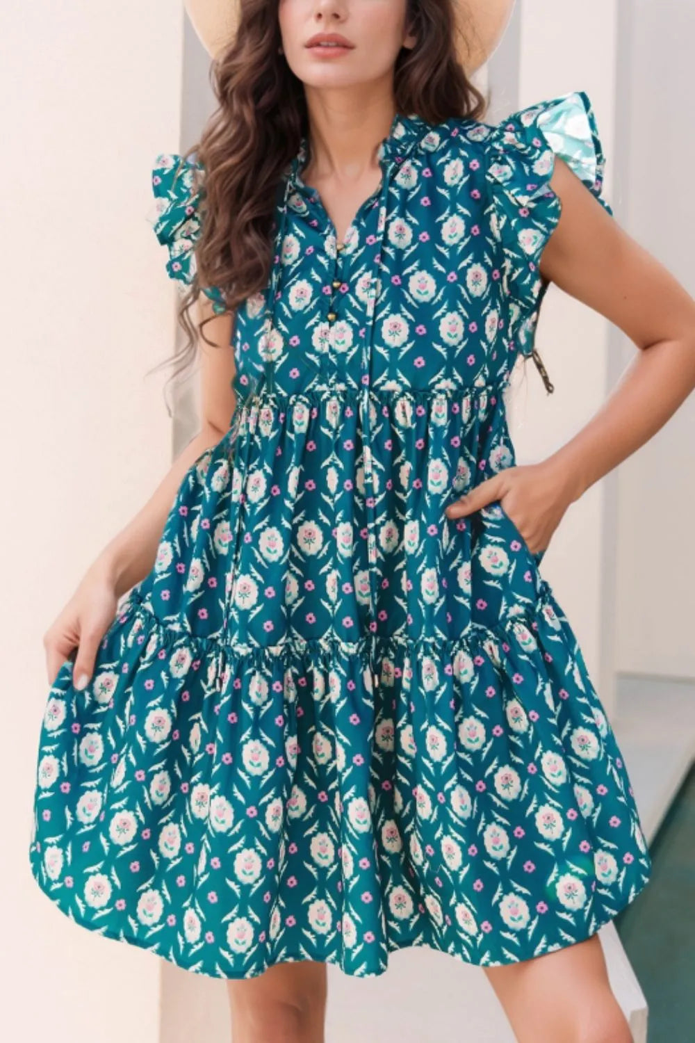 Printed Tie Neck Ruffled Cap Sleeve Dress-Nordavory
