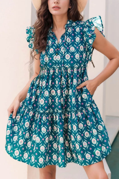 Printed Tie Neck Ruffled Cap Sleeve Dress-Nordavory