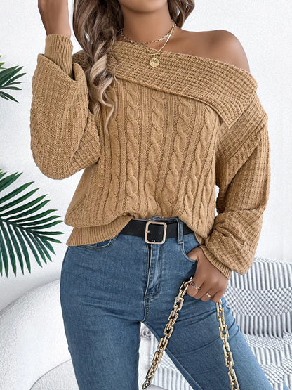 Off-Shoulder Cable Knit Sweater-Nordavory
