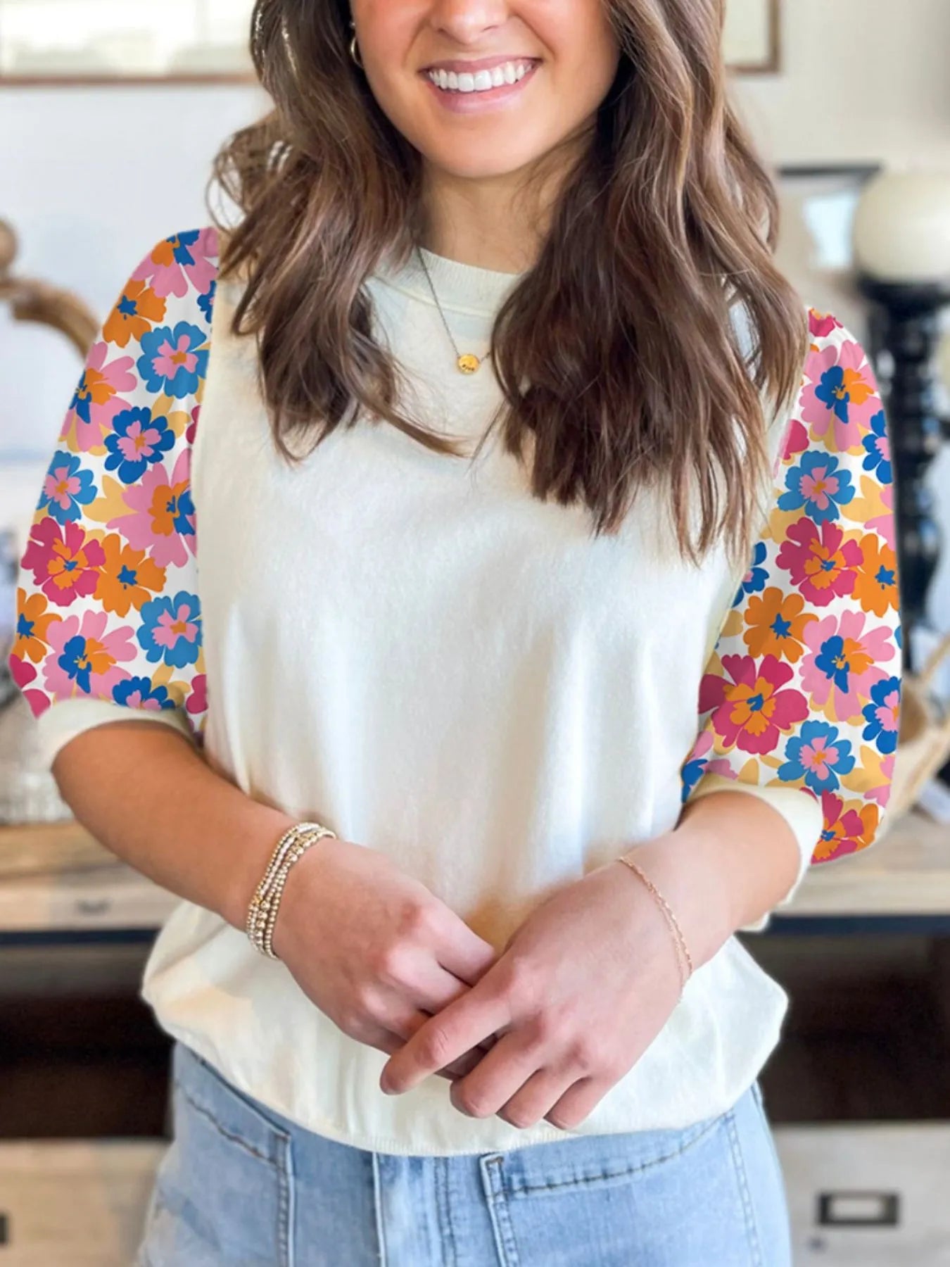 Floral Puff Sleeve Round Neck T-Shirt-Nordavory
