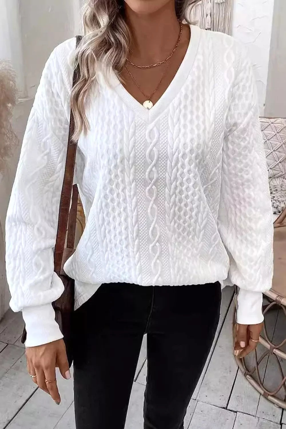 Solid Color Textured V Neck Drop Shoulder Knit Top-Nordavory
